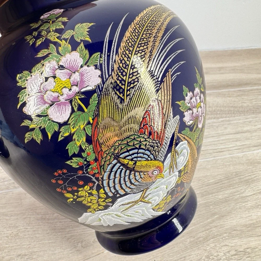 Vintage Japan Cobalt Blue‎ Gold Pheasant Floral Lidded Ginger Jar Urn